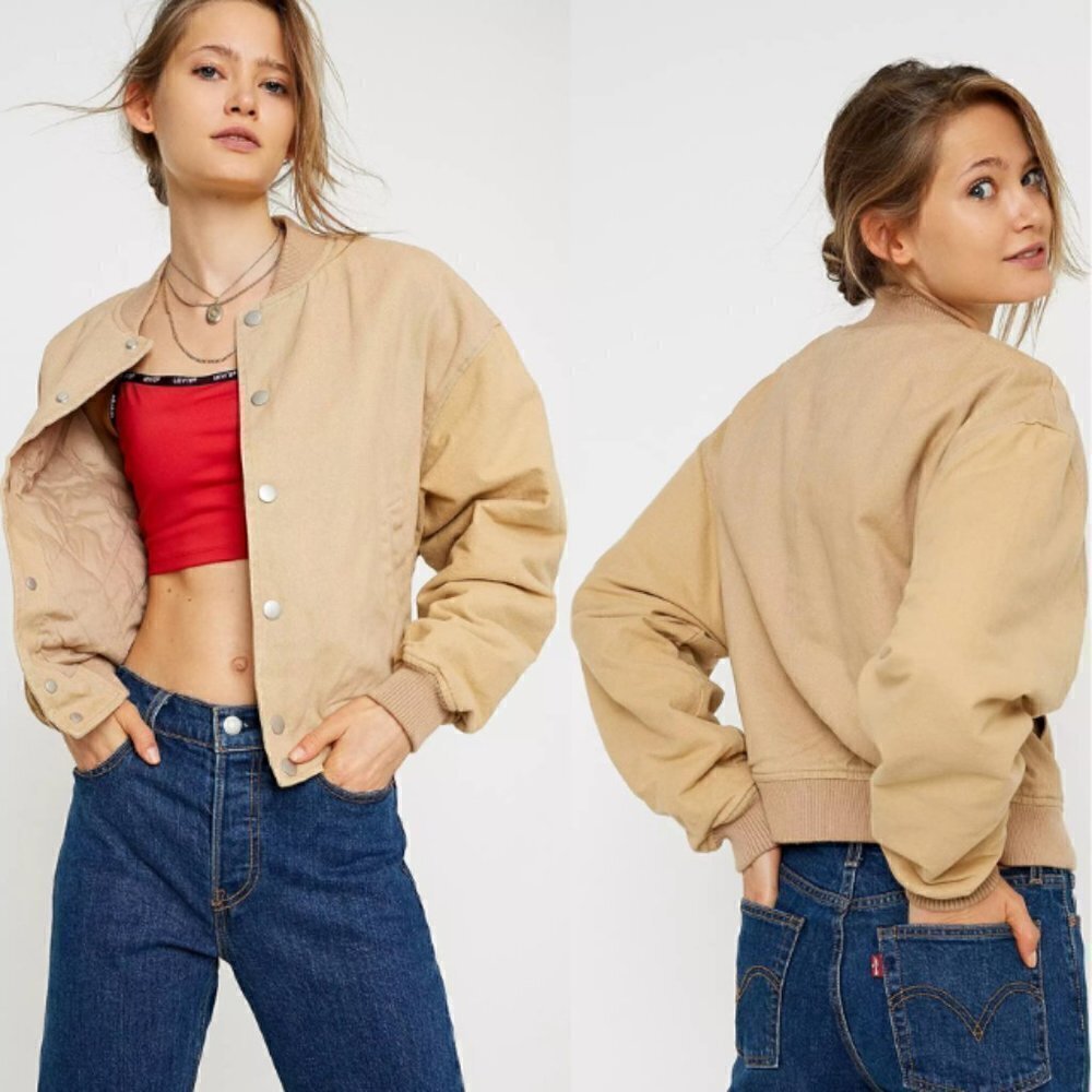 Urban Outfitters Lena Oversized Varsity Jacket in Sand Sable